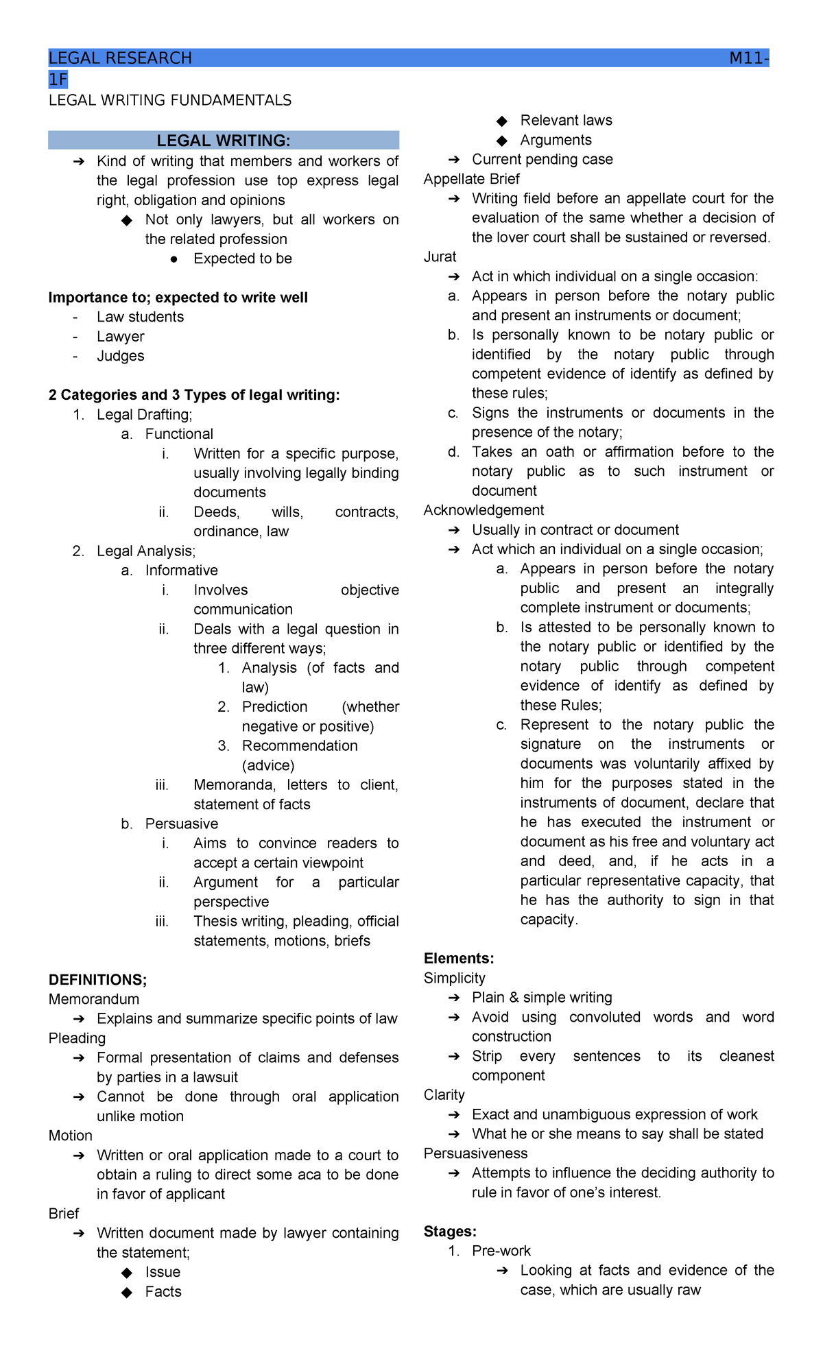 Legal research note - 1F LEGAL WRITING FUNDAMENTALS LEGAL WRITING: Kind ...
