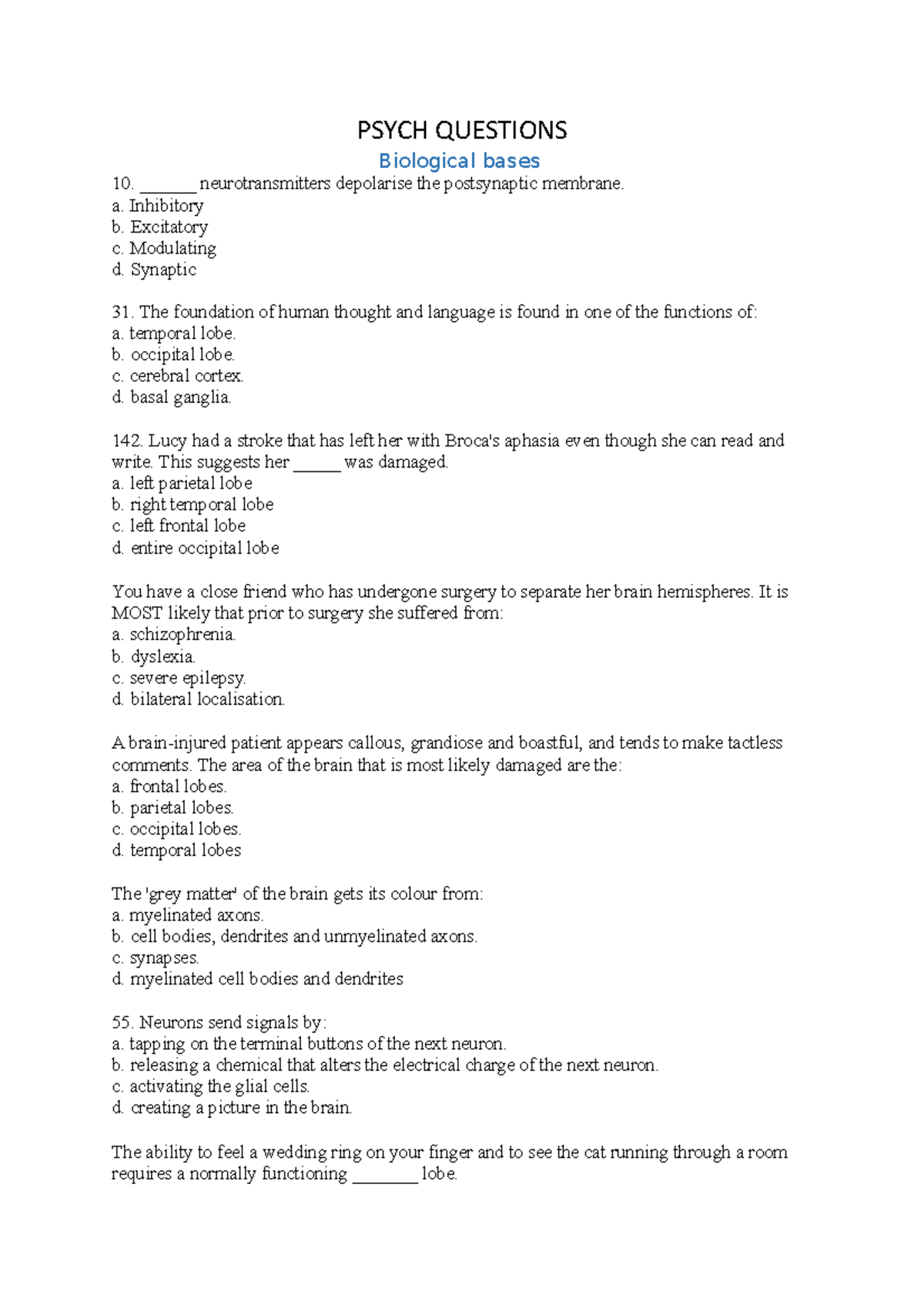 Sample/practice exam 2016, questions and answers - PSYCH QUESTIONS ...