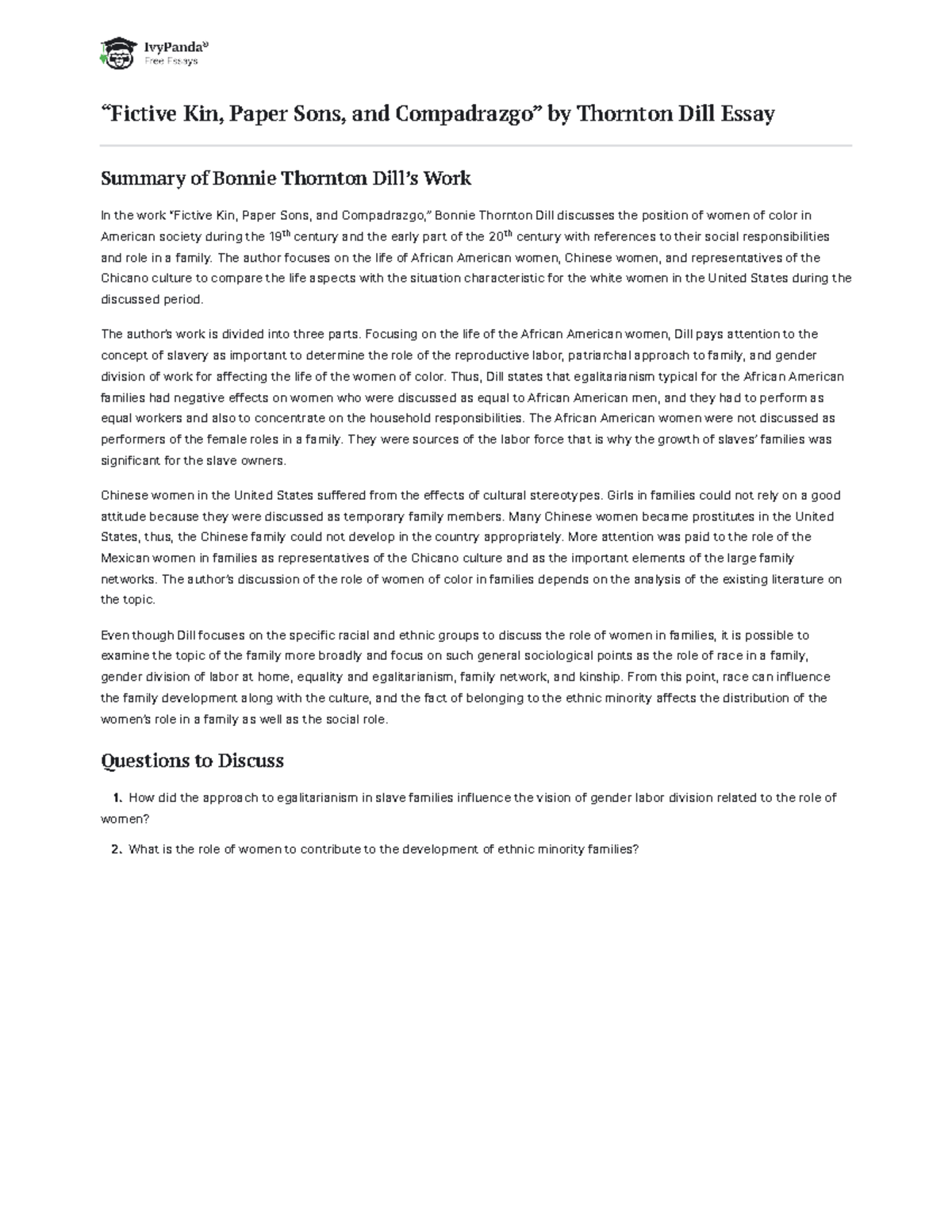 Fictive Kin, Paper Sons, and Compadrazgo by Thornton Dill 461 Words Essay Example “Fictive