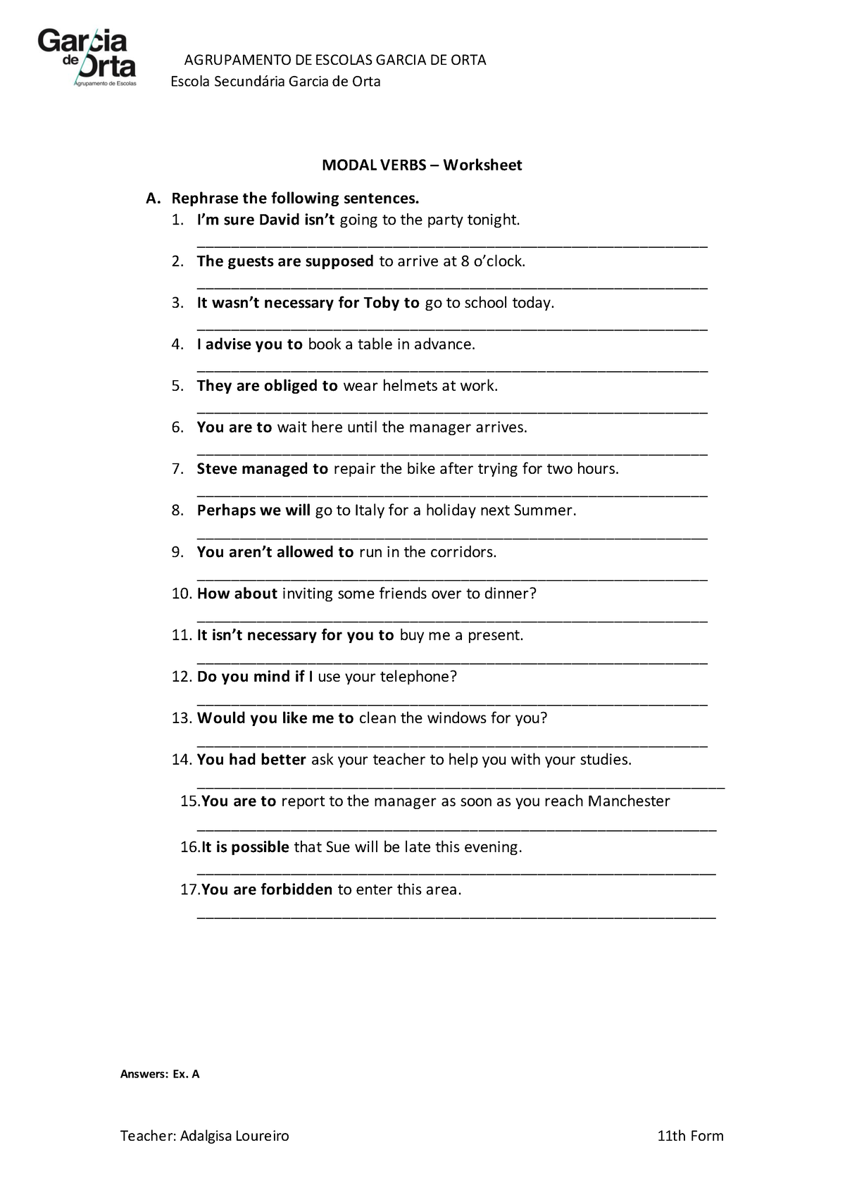 Modal Verbs Worksheet With Answers Grade 8