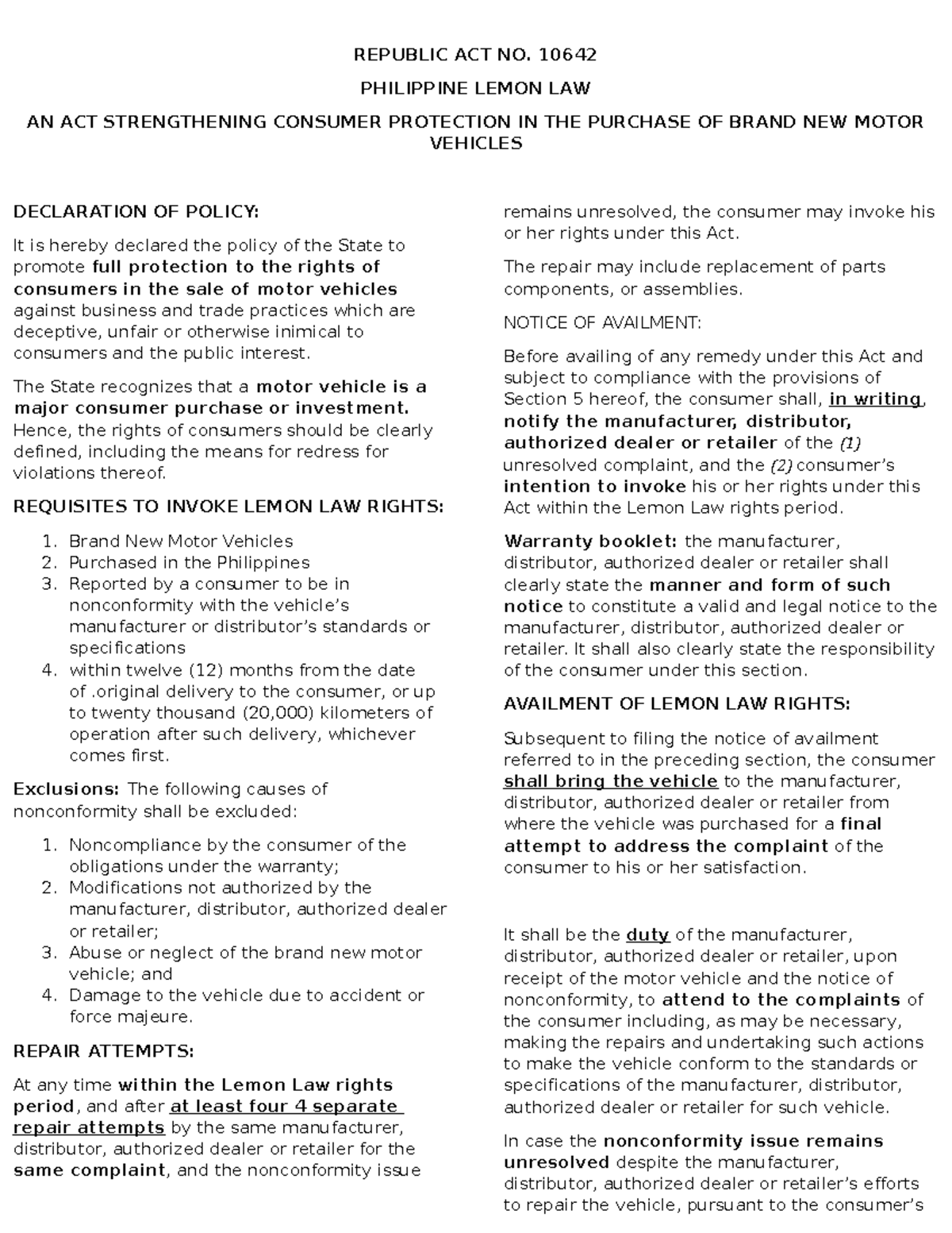 Philippine Lemon LAW (RA NO 10642) REPUBLIC ACT NO. 10642 PHILIPPINE