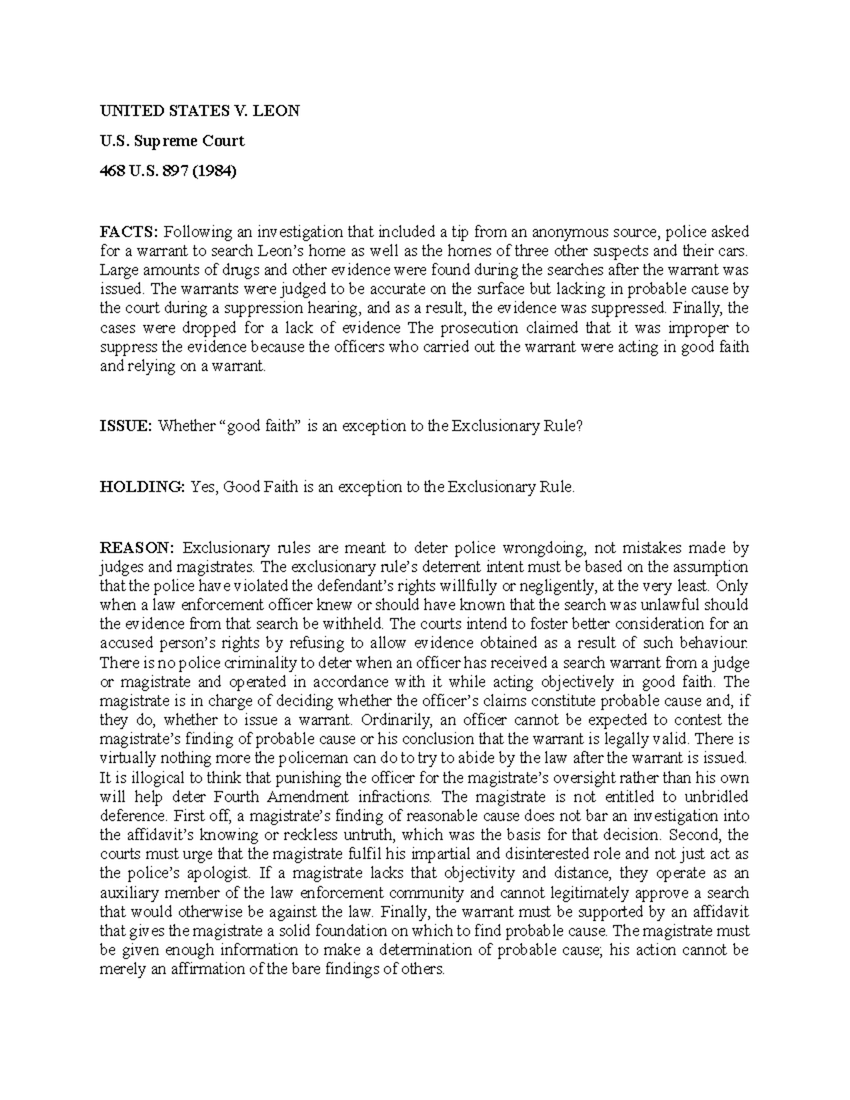 US vs. Leon Assignment UNITED STATES V. LEON U. Supreme Court 468 U