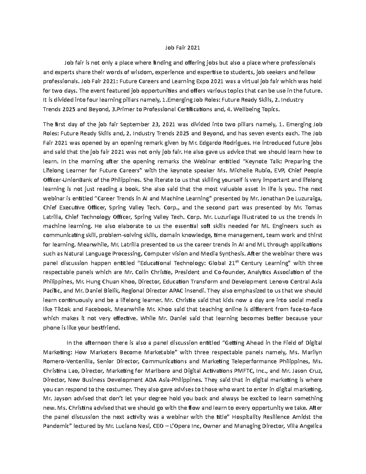 Job Fair 2021 Narrative Job Fair 2021 Job fair is not only a place