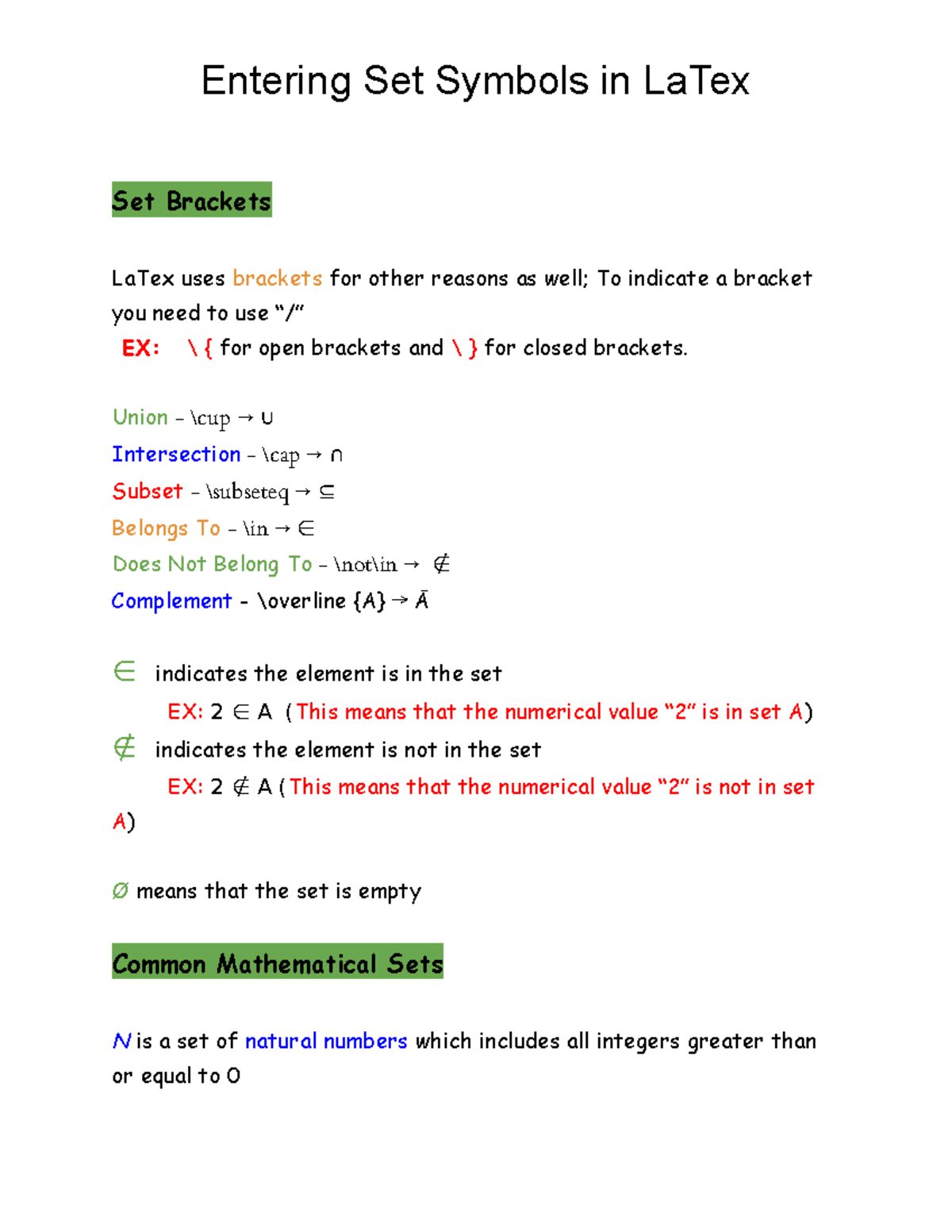 Latex Code 1.2 ( Set Brackets, Math Sets, Superscript...etc) Set