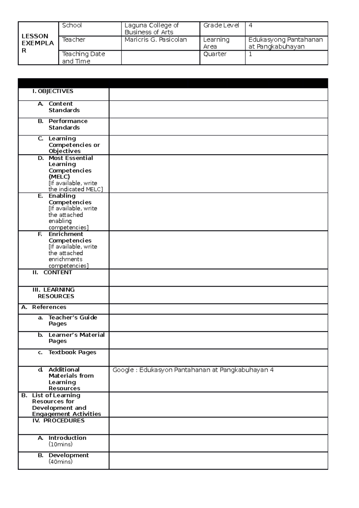 Lesson-Exemplar Template in elementary grade example - LESSON EXEMPLA R ...