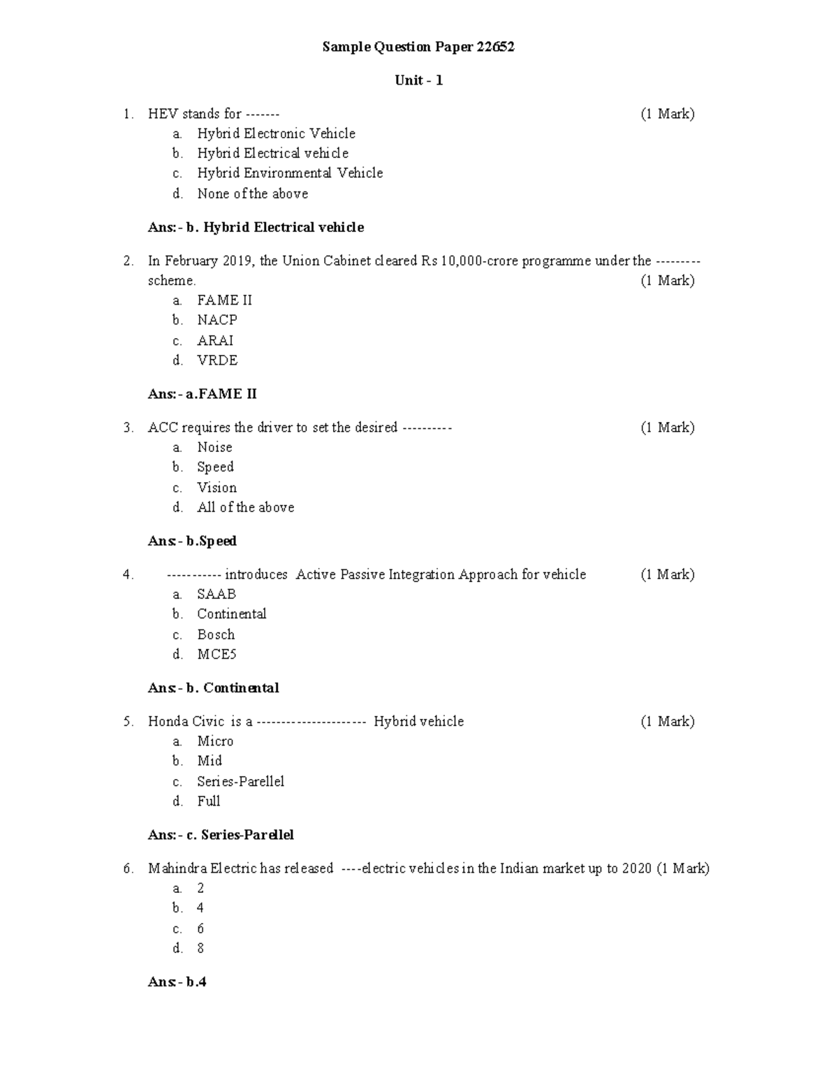 ETM Sample Question Paper Sample Question Paper 22652 Unit 1 HEV stands for (1 Mark) a
