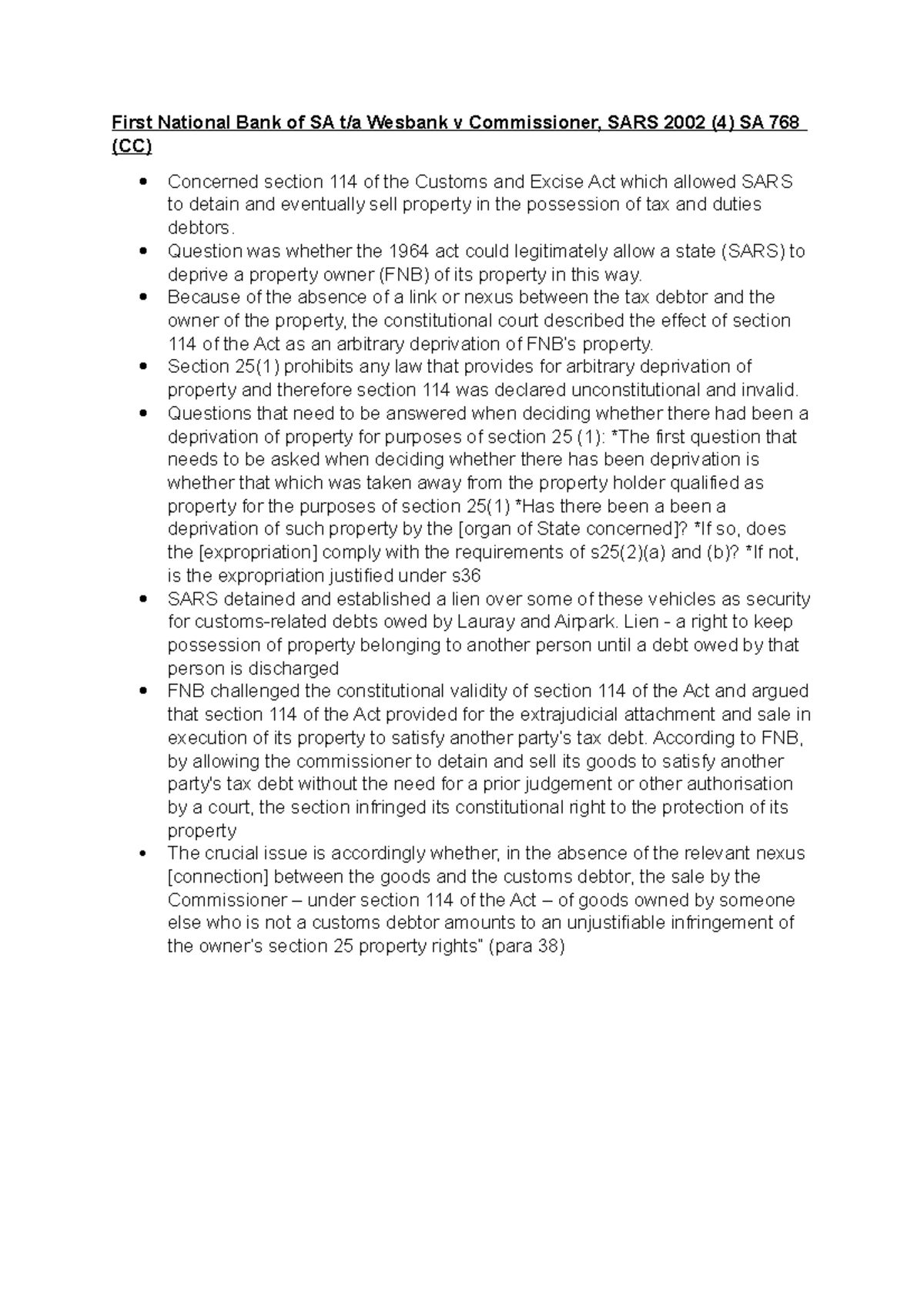 FNB v Commissioner Summary First National Bank of SA t/a Wesbank v