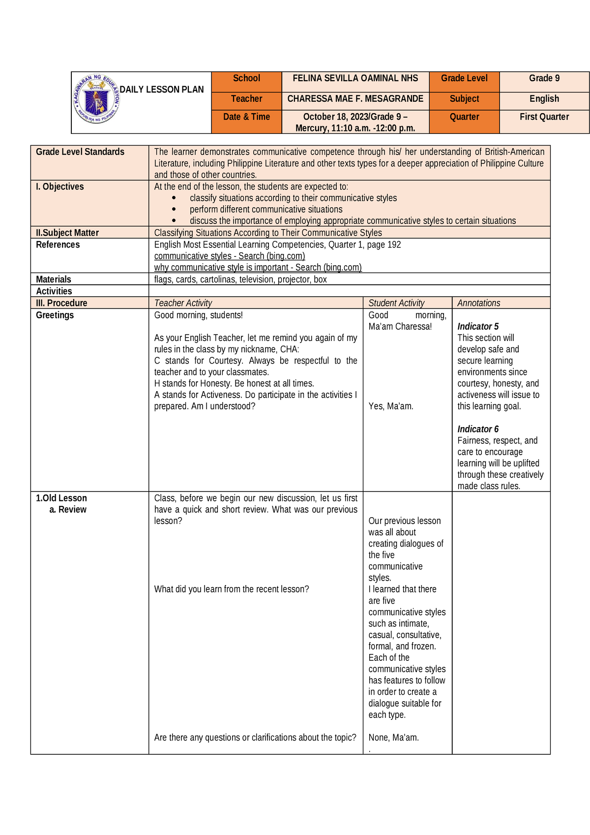 Communicative Styles - Lesson plan - DAILY LESSON PLAN School FELINA ...