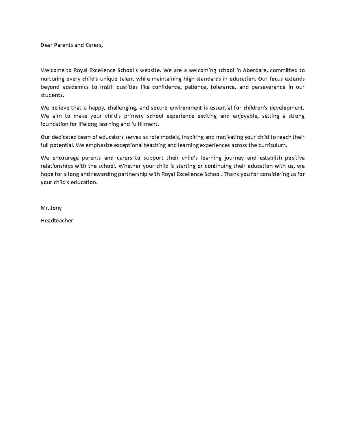 Message from head teacher - Dear Parents and Carers, Welcome to Royal ...
