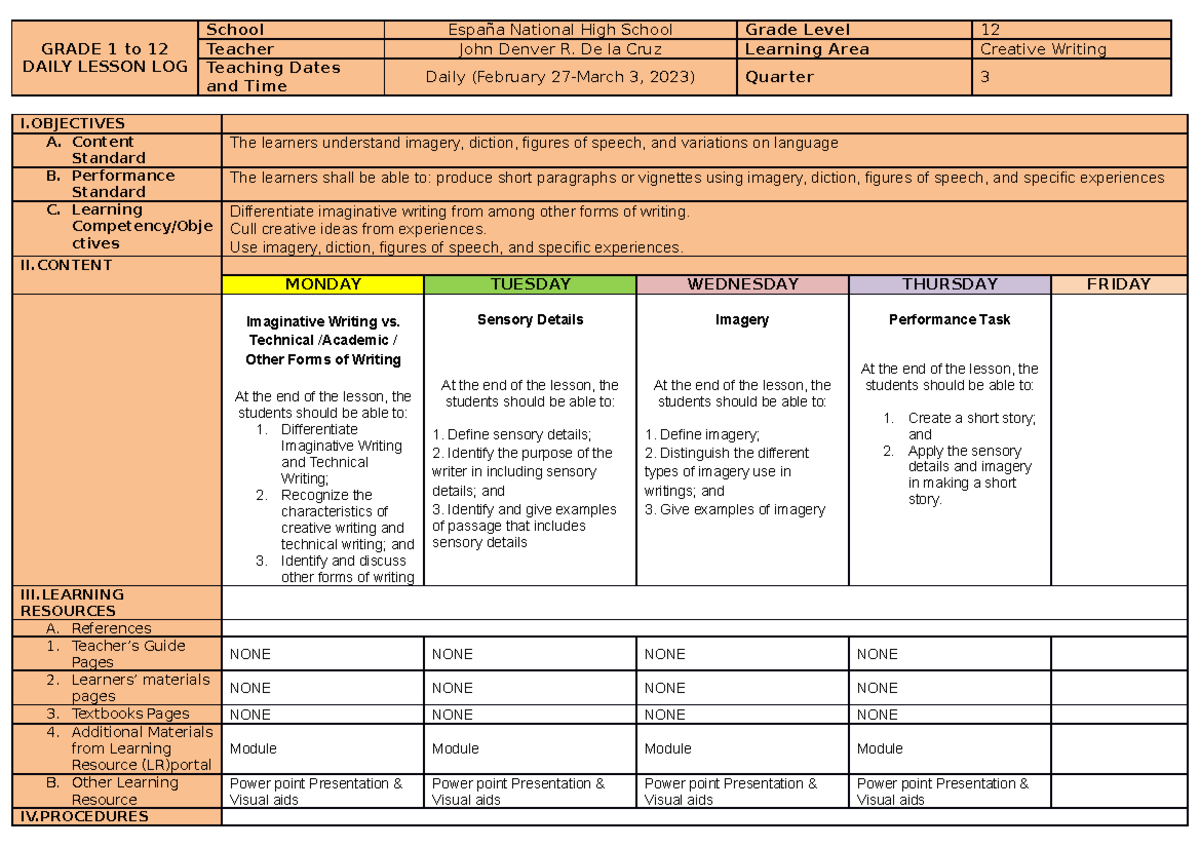 Creative Writing Feb27-March 3 DLL - GRADE 1 to 12 DAILY LESSON LOG ...