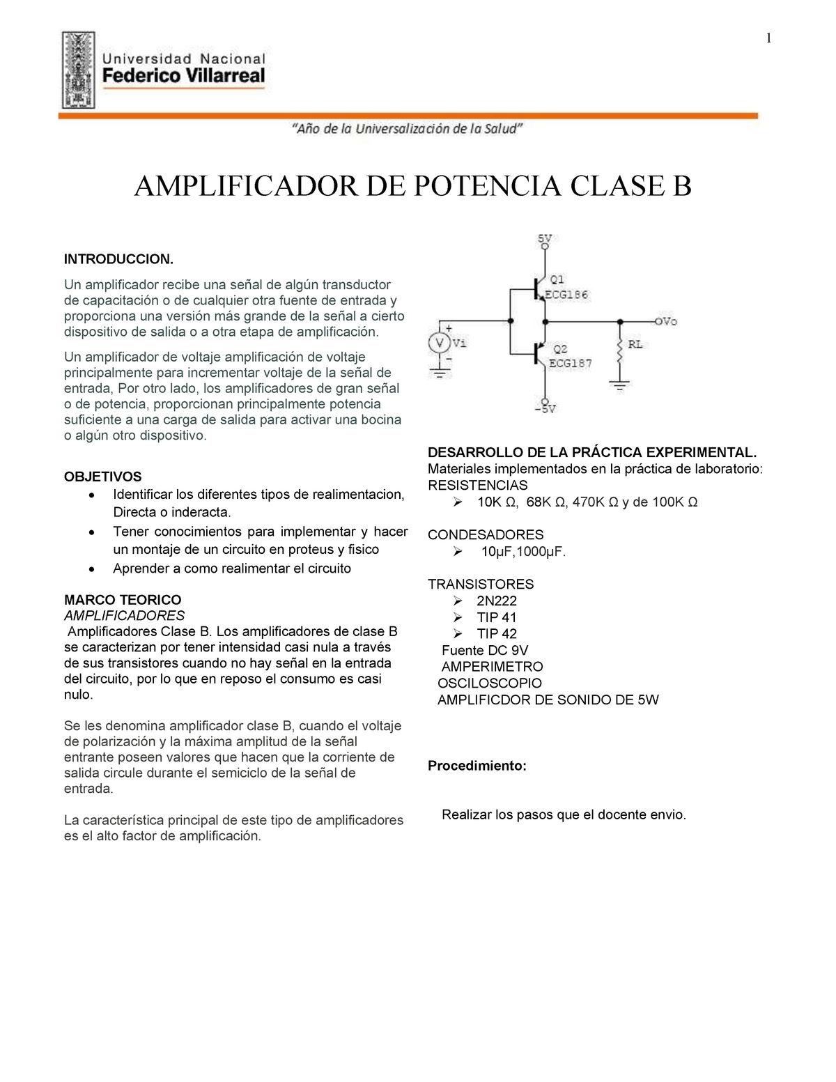 Guia14 - DASDSADSADSA - 1 AMPLIFICADOR DE POTENCIA CLASE B INTRODUCCION ...