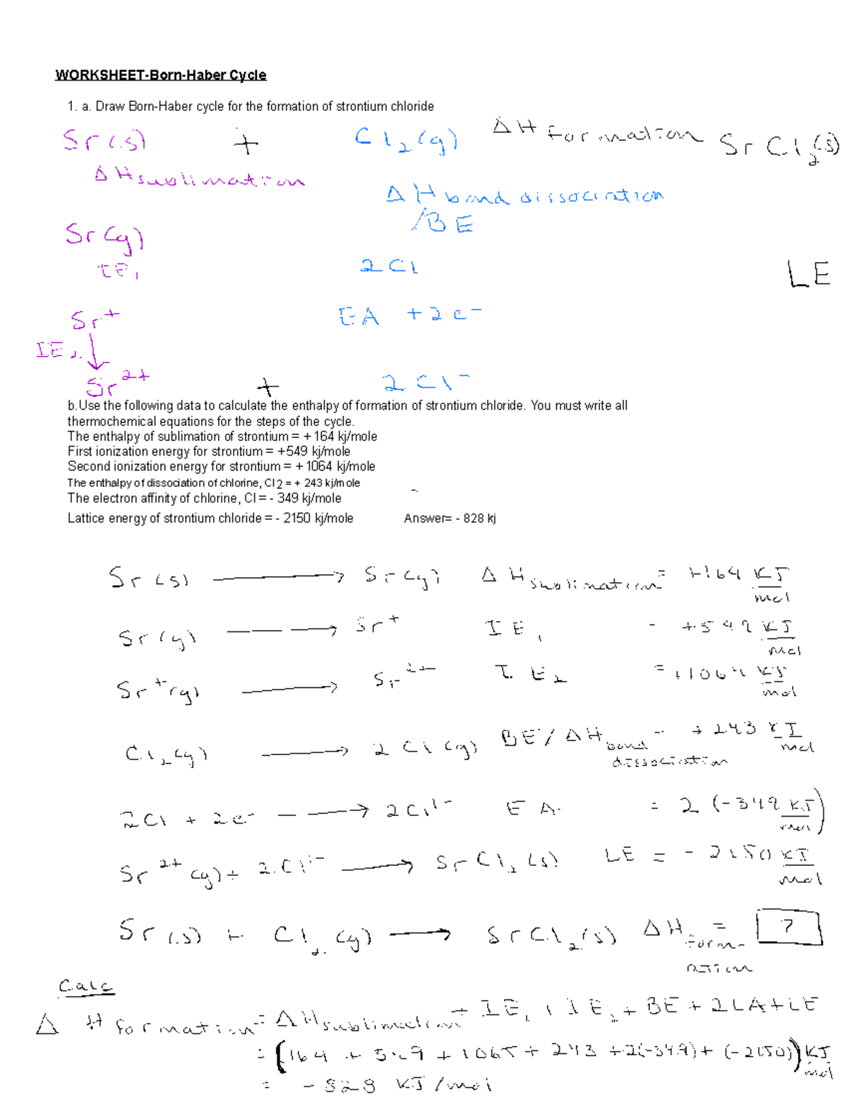 Haber Answer Key - WORKSHEET-Born-Haber Cycle a. Draw Born-Haber cycle ...