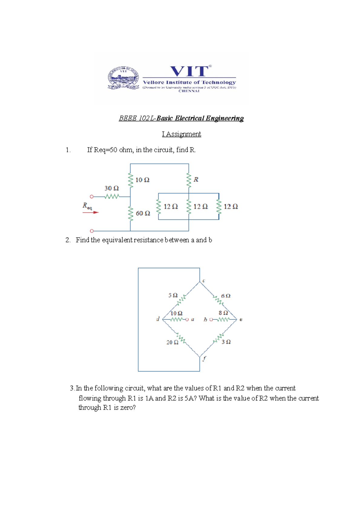 Assignment I - BEEE 102L- Basic Electrical Engineering I Assignment If ...