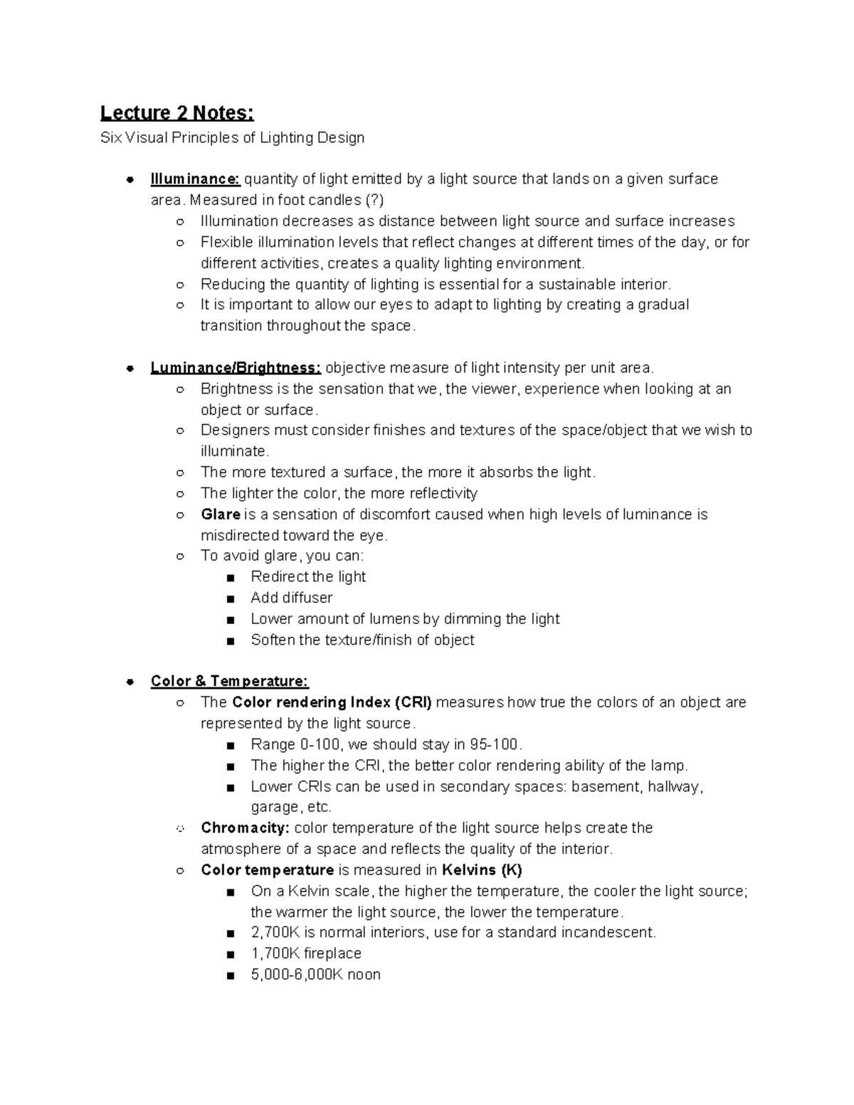 2020-Lighting Design-Lecture 2 Notes - Lecture 2 Notes: Six Visual ...