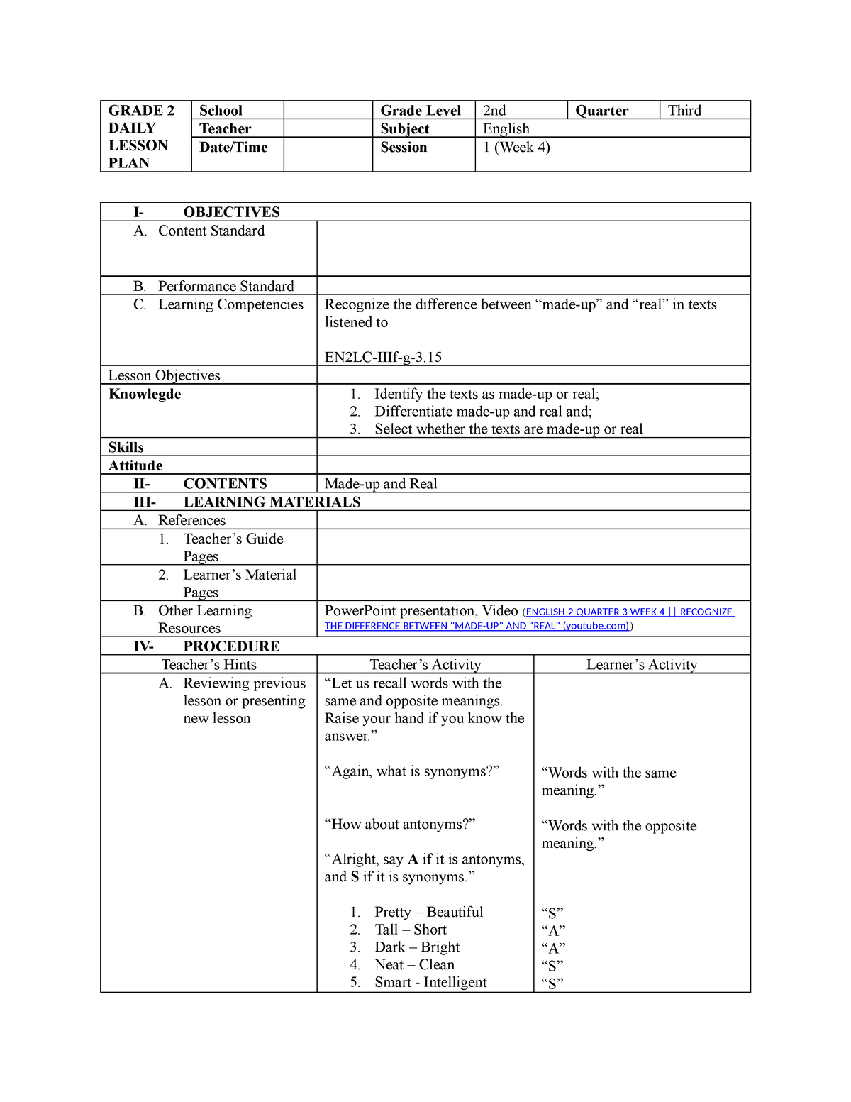 ENG2 Q3 W4 D1 - Lesson Plan - GRADE 2 DAILY LESSON PLAN School Grade ...