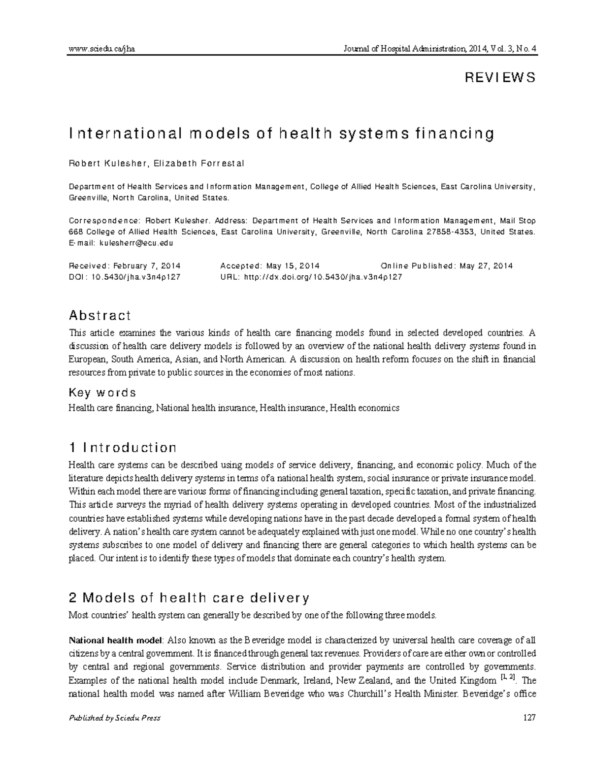 International models of health systems financing - Published by Sciedu ...
