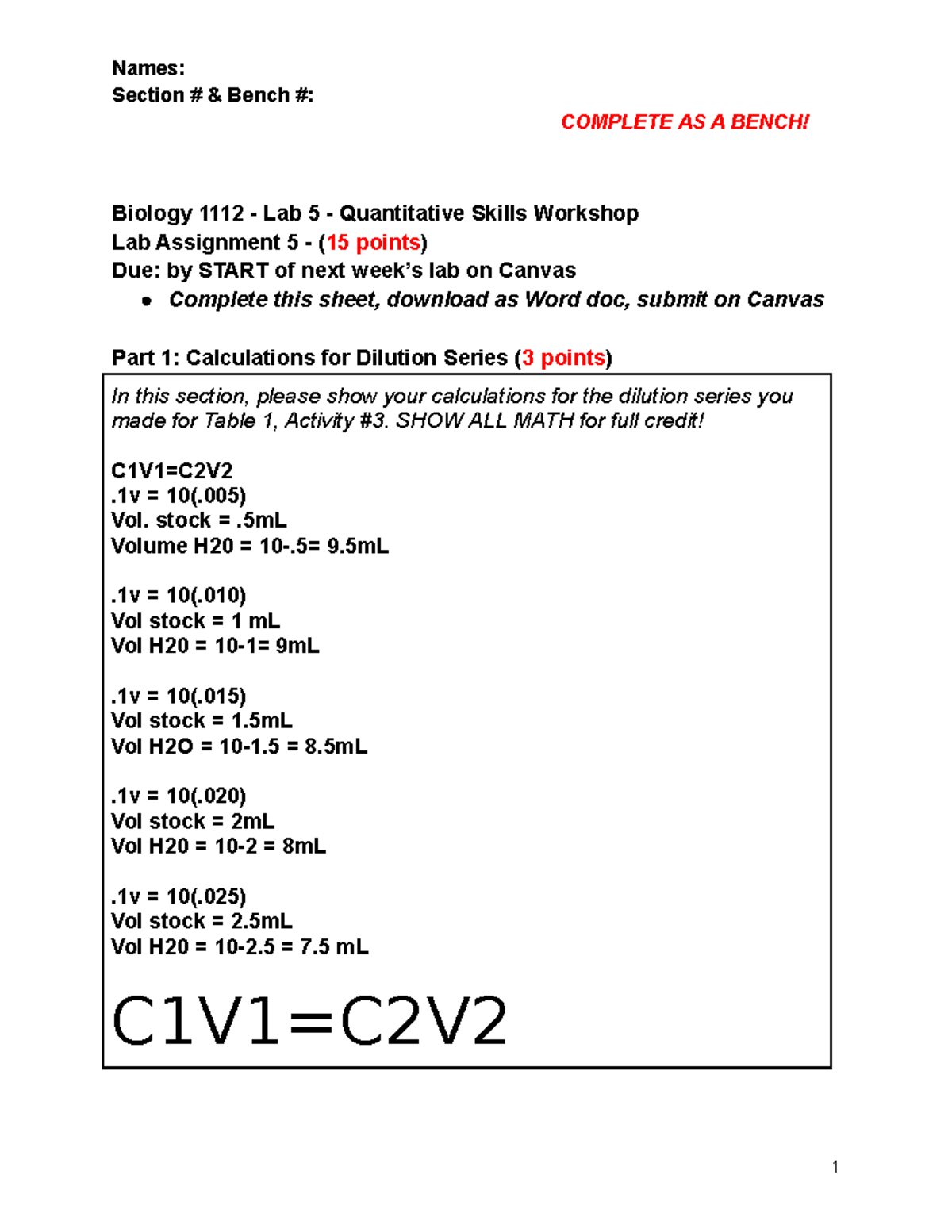 Lab Assignment 5 Quantitative Skills COMPLETE AS A BENCH! Biology 1112 Lab 5