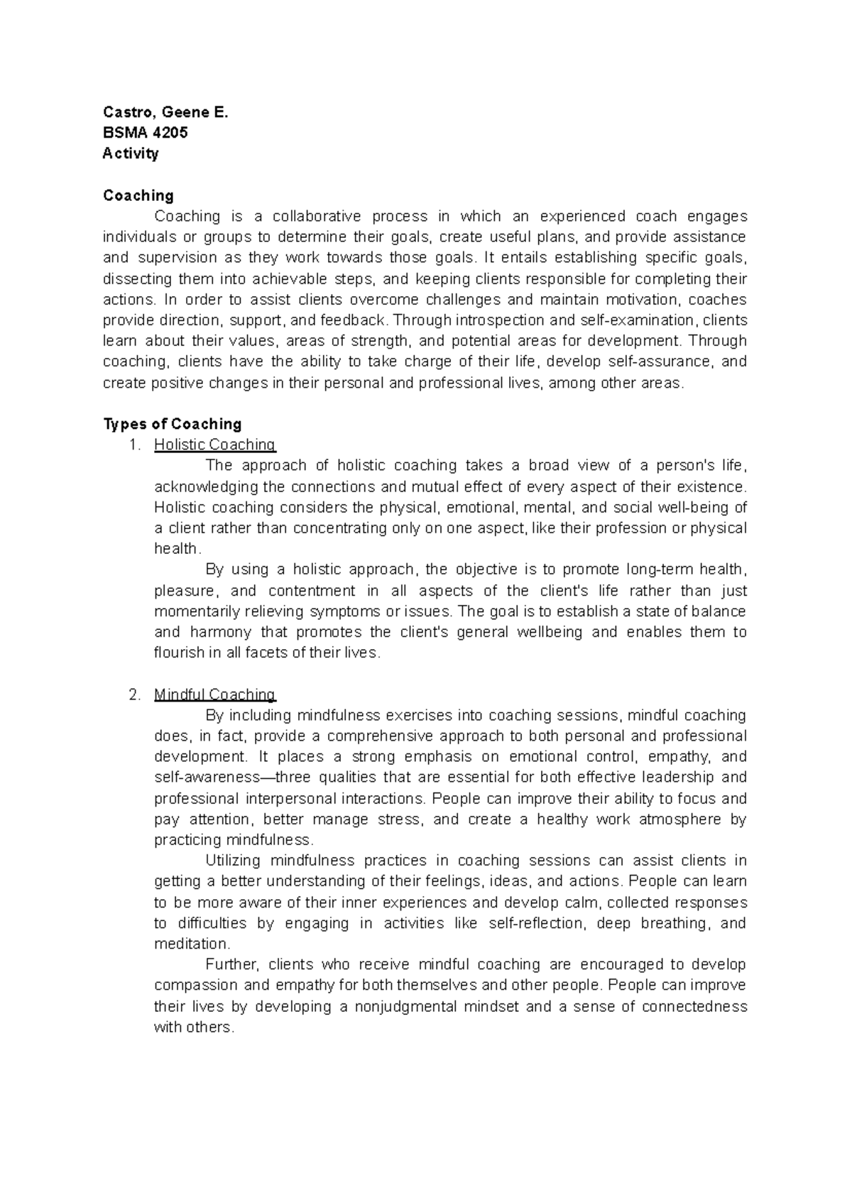 Castro, Geene E (Types of Coaching) - Castro, Geene E. BSMA 4205 ...