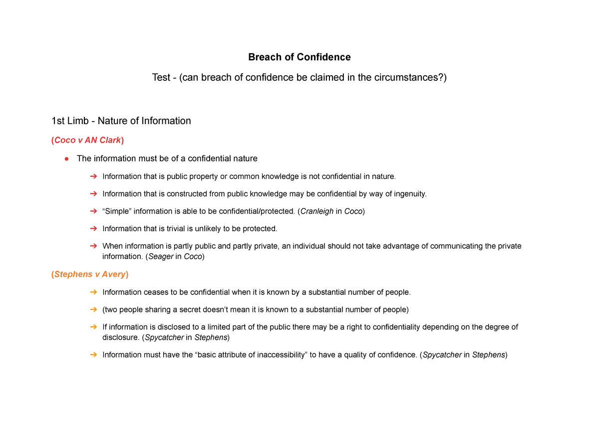 Copy Of 122 BOC Cheat Sheet - Breach Of Confidence Test - (can Breach ...