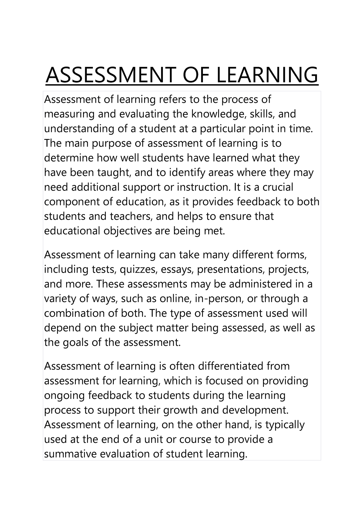 thesis about assessment of learning