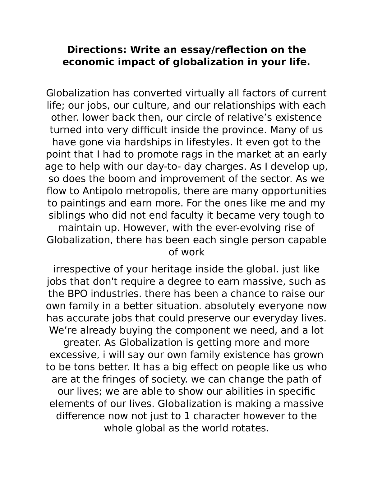 essay about economic impact of globalization in your life