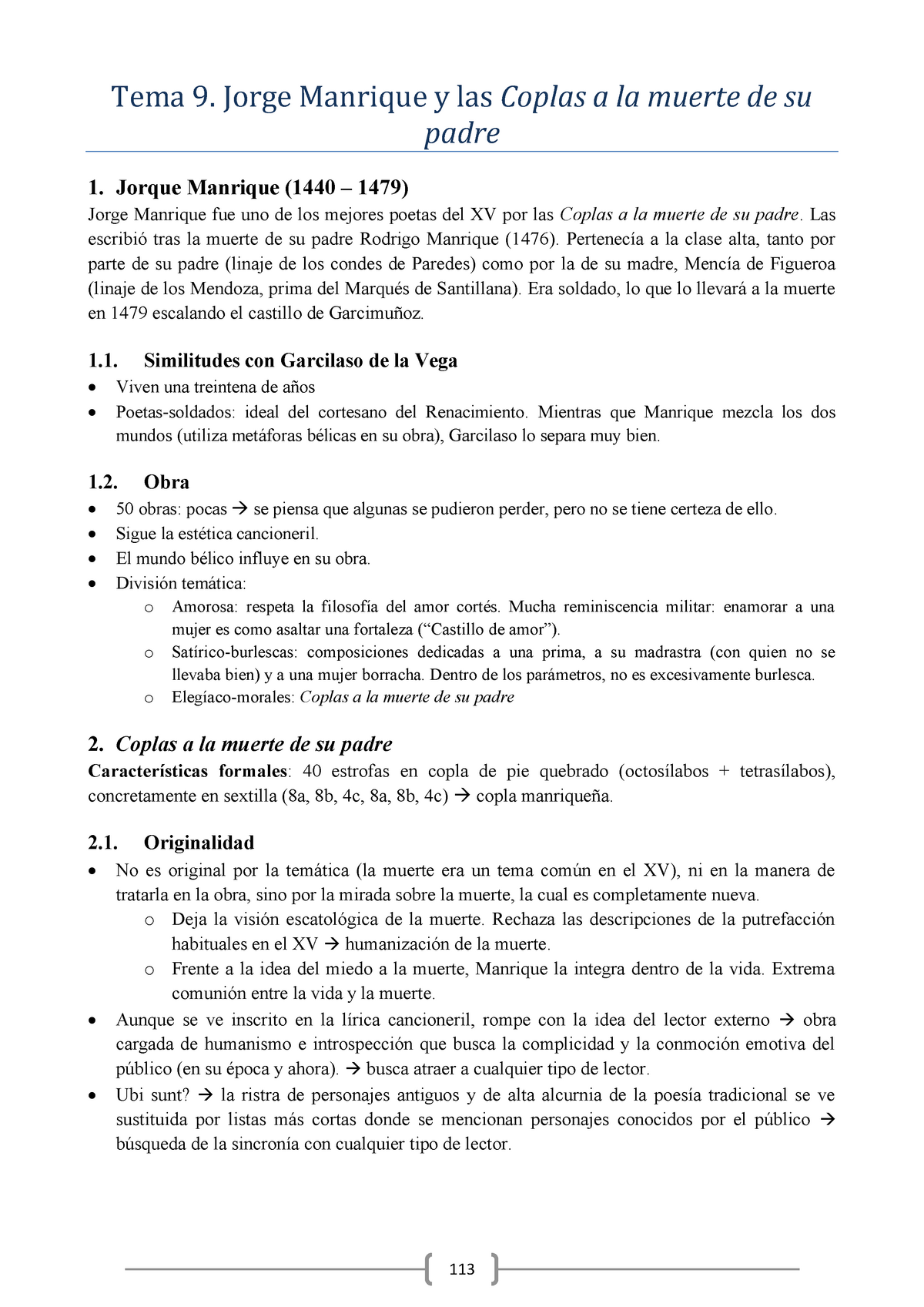 Tema 9. Jorge Manrique y las Coplas a la muerte de su padre - Tema 9. Jorge  Manrique y las Coplas a - Studocu