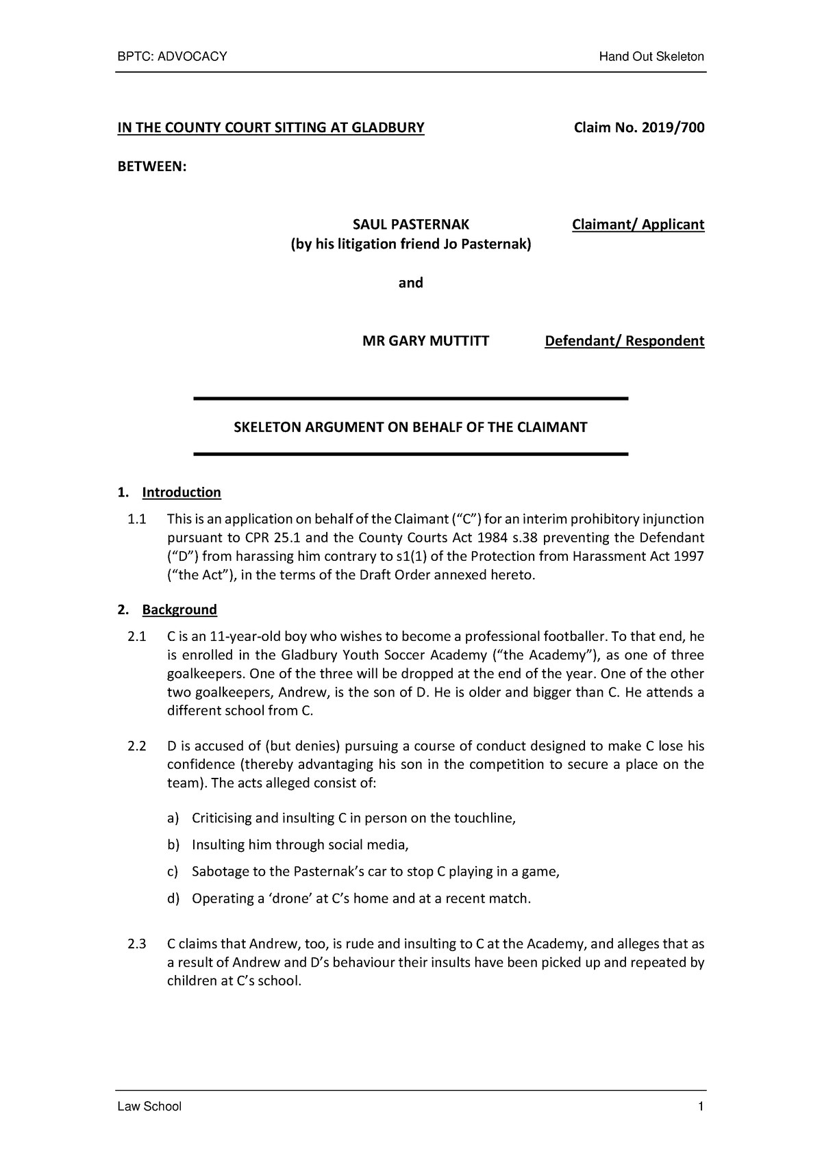 Interim Injunction (Prohibitory) Skeleton - IN THE COUNTY COURT SITTING ...