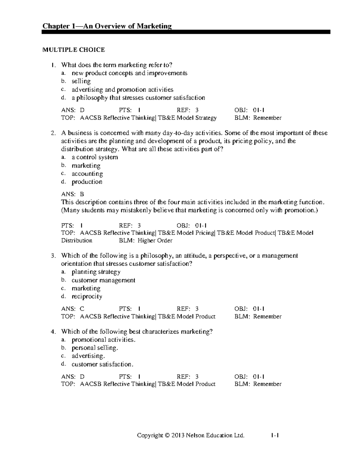 Ch01 MKTG TB 2Ce - Quiz - Chapter 1—An Overview Of Marketing MULTIPLE ...