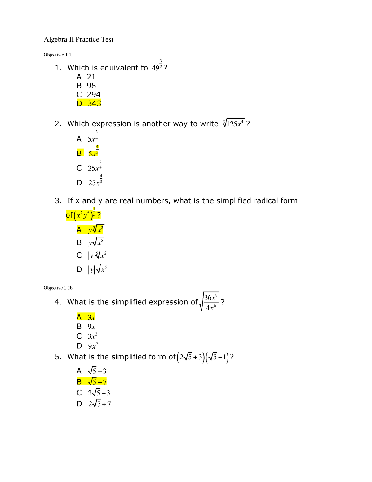 Algebra II Practice Test - Algebra II Practice Test Objective: 1 Which ...