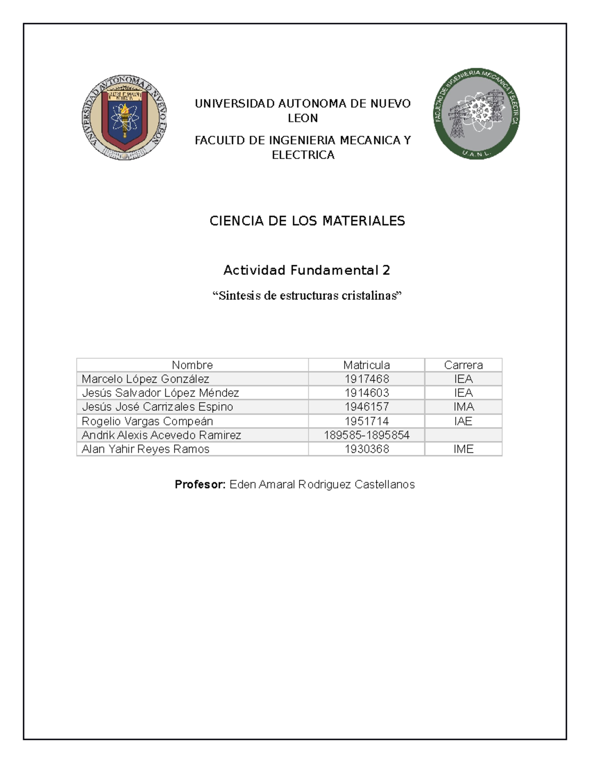 ACTIVIDAD 2 Sintesis CIENCIA DE LOS MATERIALES - CIENCIA DE LOS ...