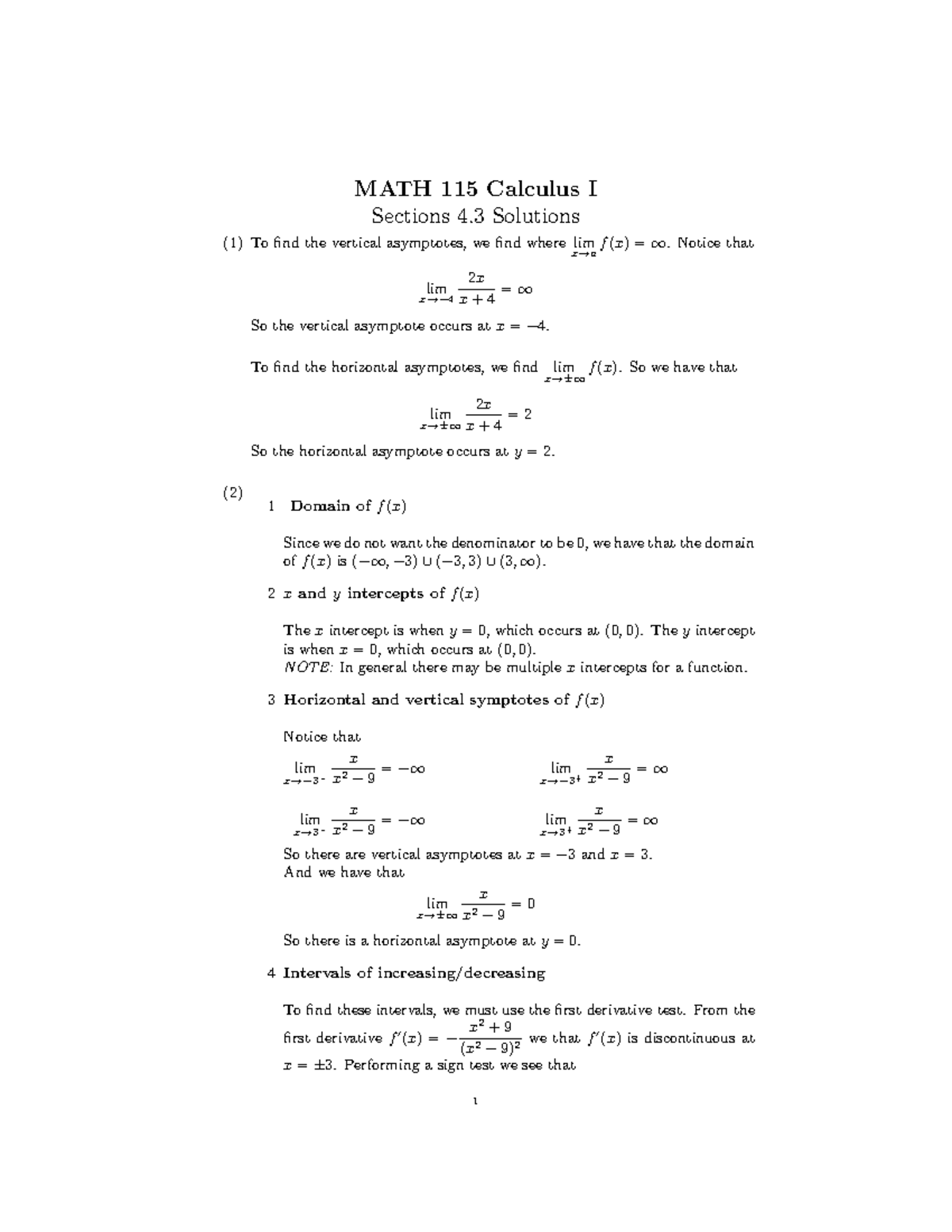 Section 4.3 Solutions - MATH 115 Calculus I Sections 4 Solutions (1) To ...