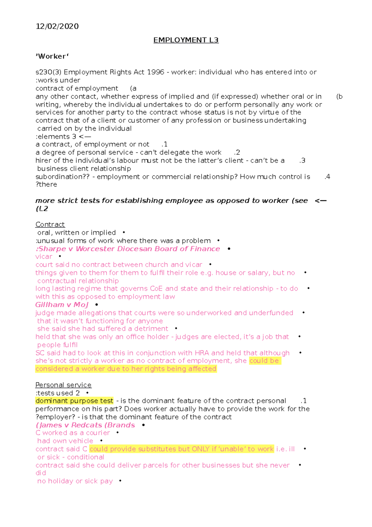 Employment L3 EMPLOYMENT L ’Worker ‘ s230(3) Employment Rights Act