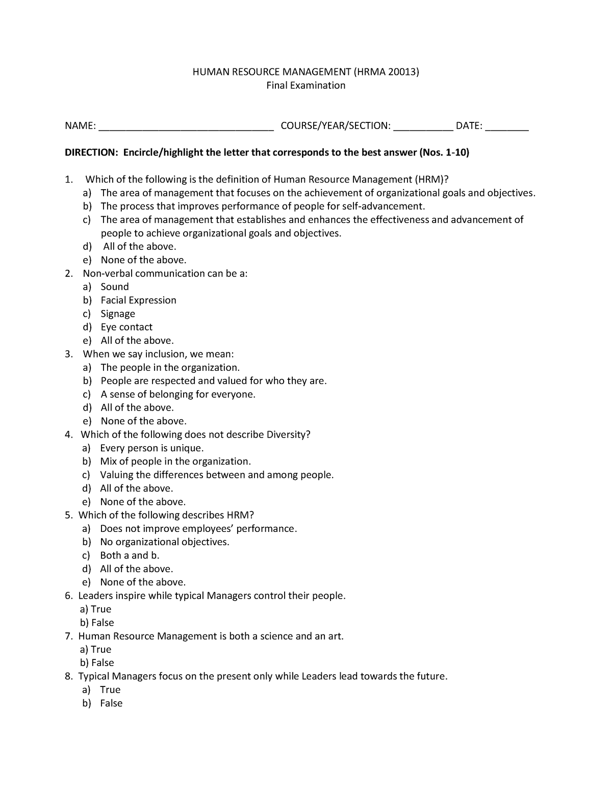 Human Resource Management Exam - HUMAN RESOURCE MANAGEMENT (HRMA 20013 ...