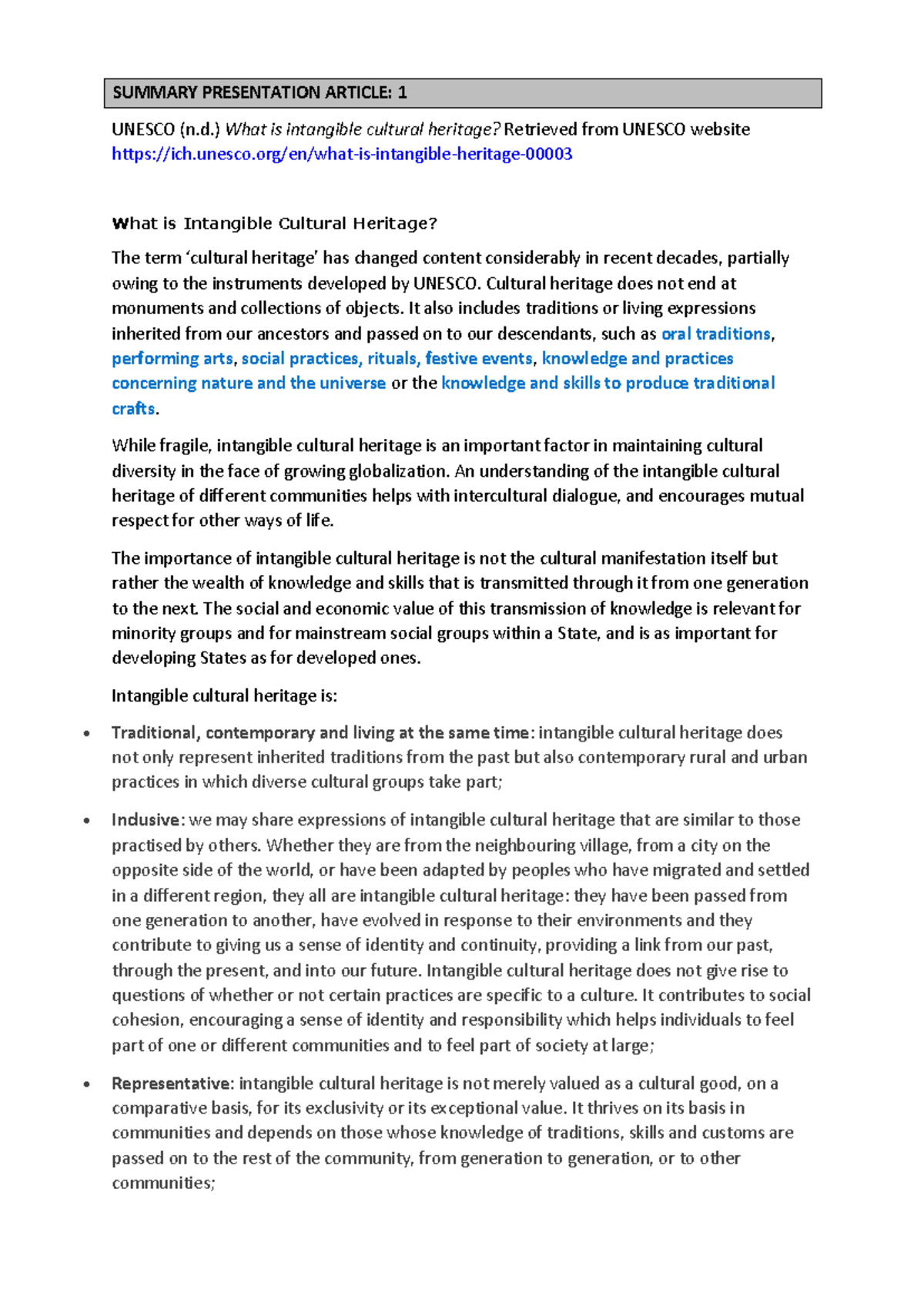 Summary Presentation articles (1-9) - UNESCO (n.) What is intangible ...