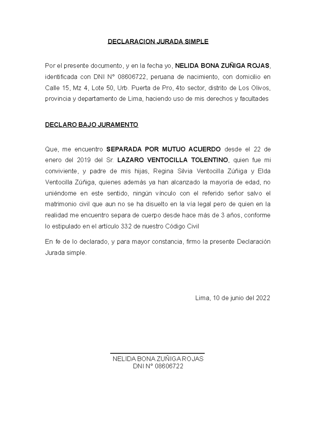 Declaracion Jurada Simple 1 Declaracion Jurada Simple Por El Presente Documento Y En La Fecha 0868