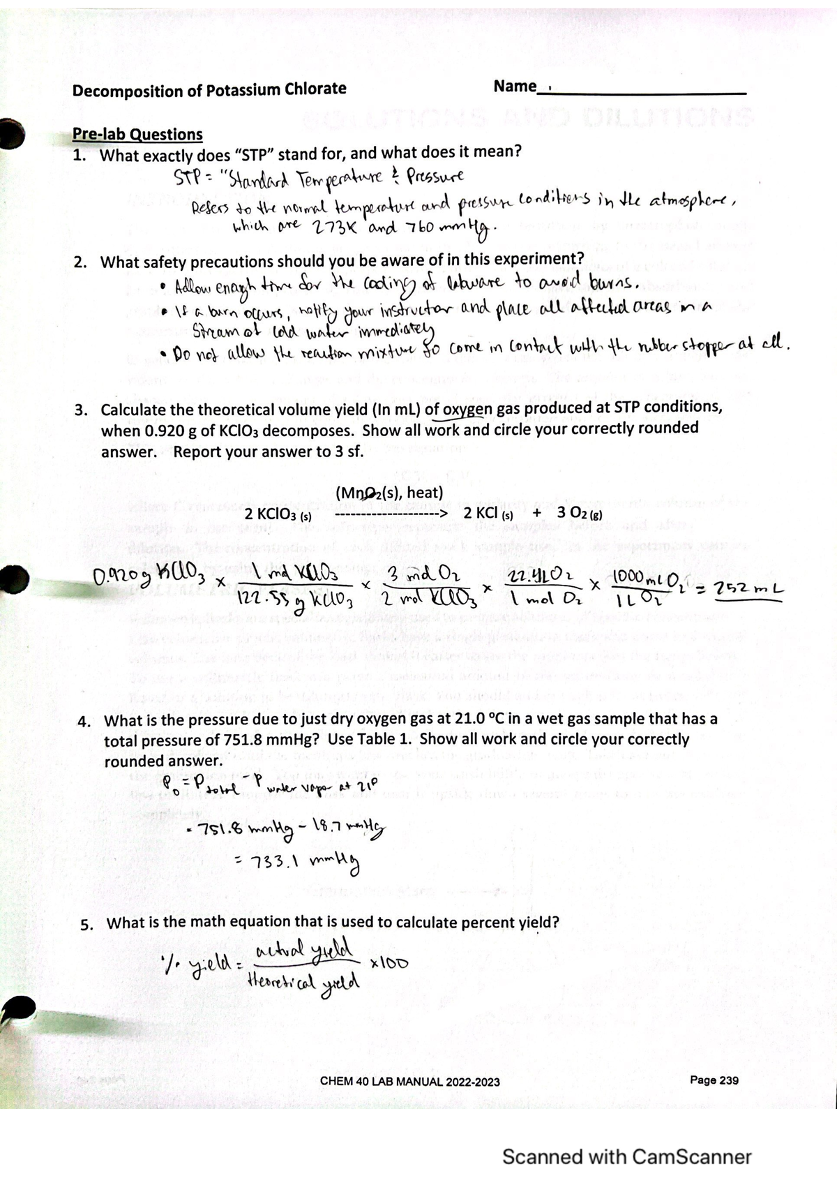 Decomposition of KClO3 Pre-Lab - CHEM 40 - Studocu