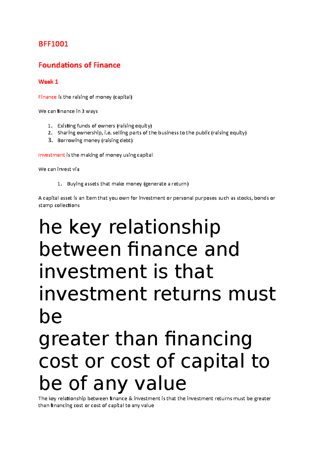 BFF1001 notes - BFF Foundations of Finance Week 1 Finance is the ...