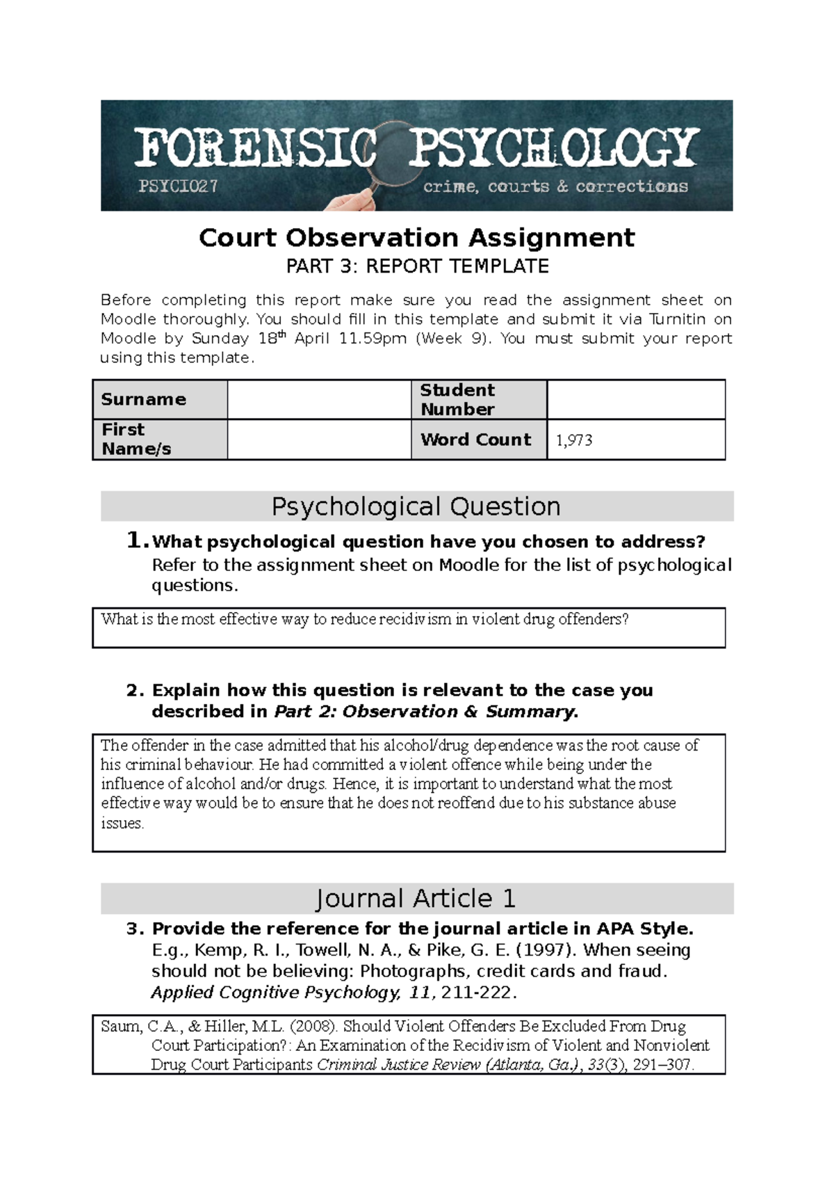 Assessment 2 - Report on court observation - Court Observation ...