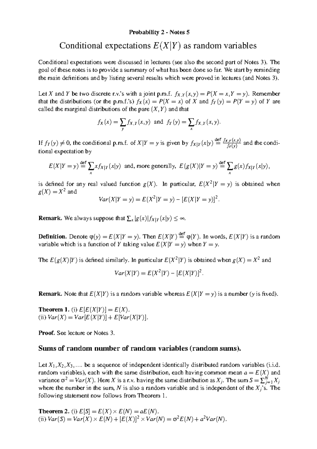 Notes 5 09 Conditional Expectations E X Y As Random Variables Studocu