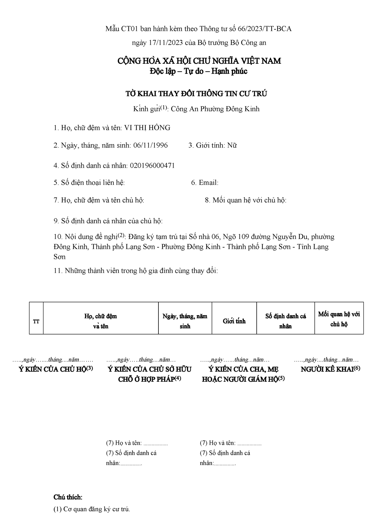 CT01 - okkkkk - Mẫu CT01 ban hành kèm theo Thông tư số 66/2023/TT-BCA ...