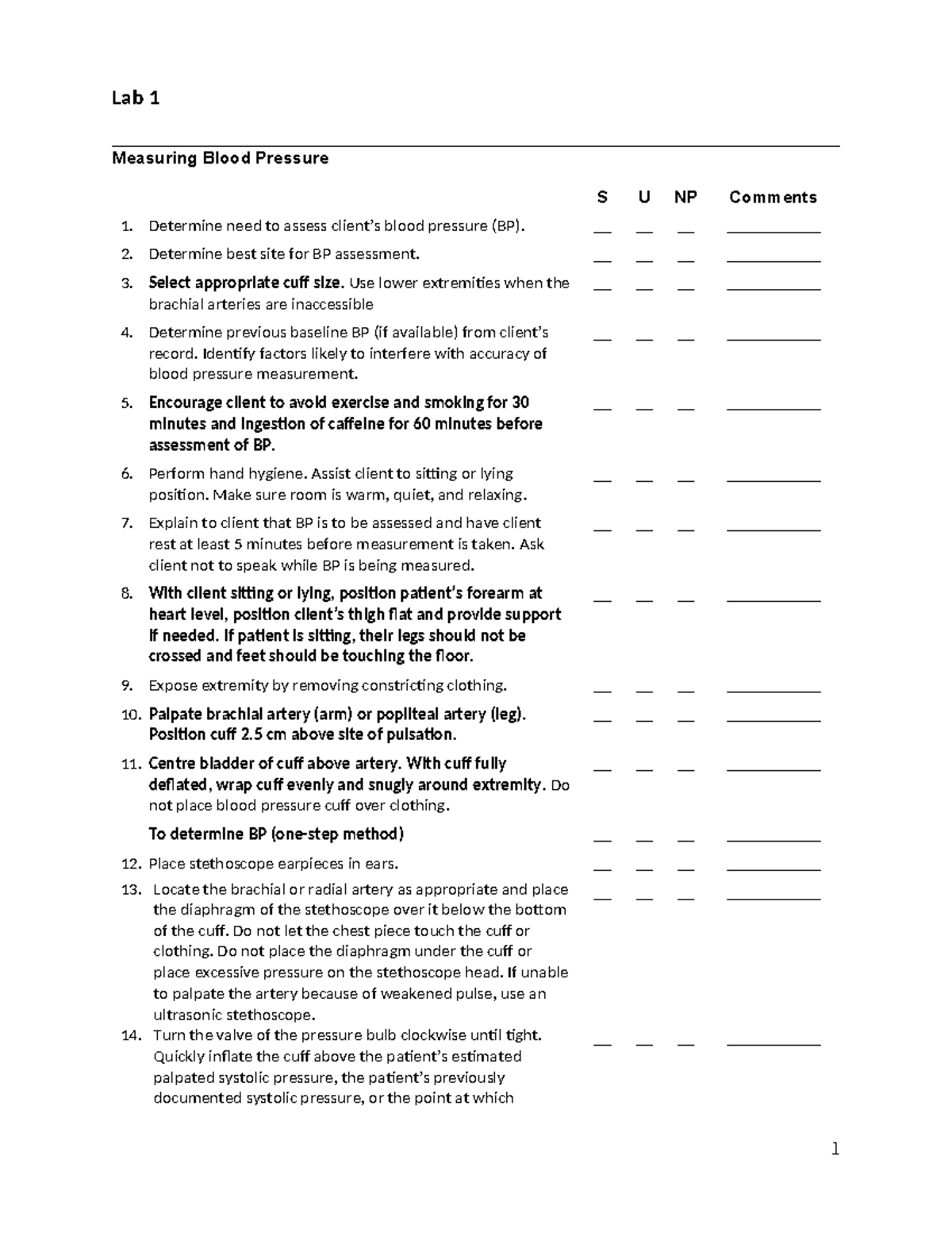 Blood Pressure One-step Skill Checklist - Lab 1 Measuring Blood ...