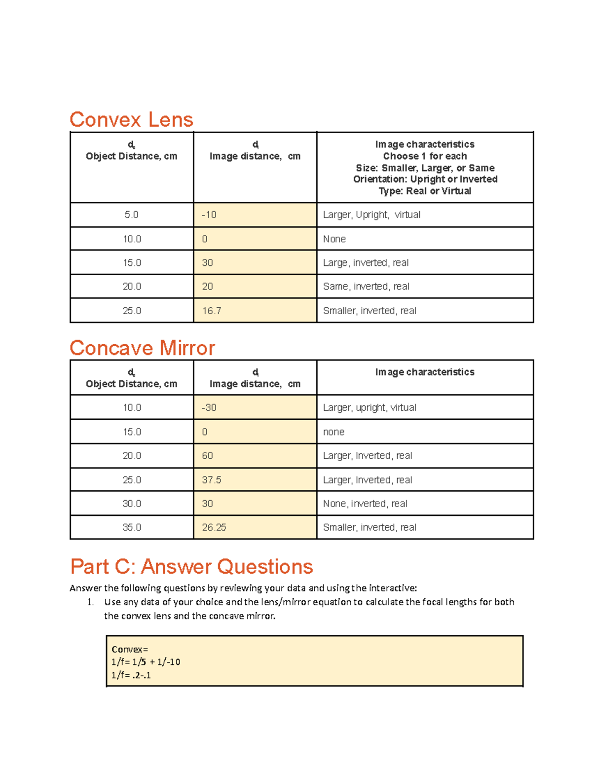 Lens and Mirror Lab Convex Lens do Object Distance, cm di Image