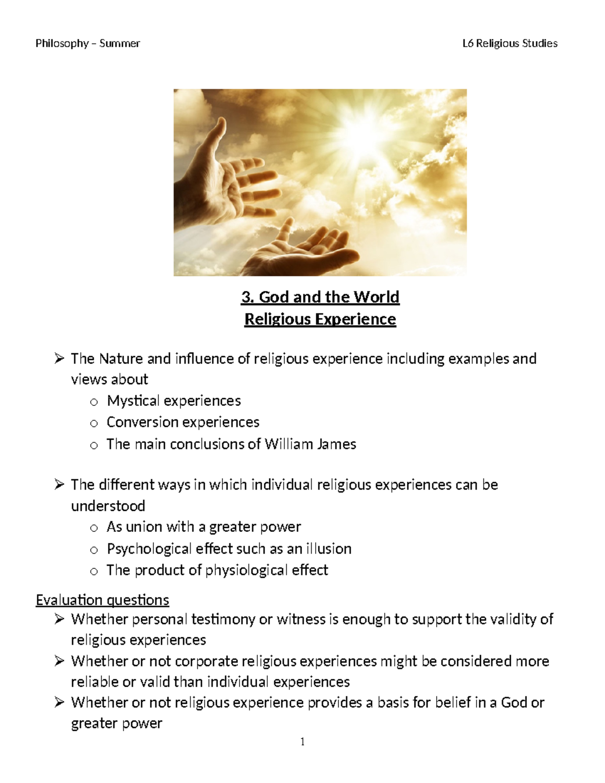 3a. Religious Experience Core Notes copy - Philosophy – Summer L6 ...