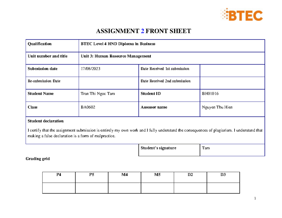 Tamttn.BH01016.HRM. ASM2 - ASSIGNMENT 2 FRONT SHEET Qualification BTEC ...