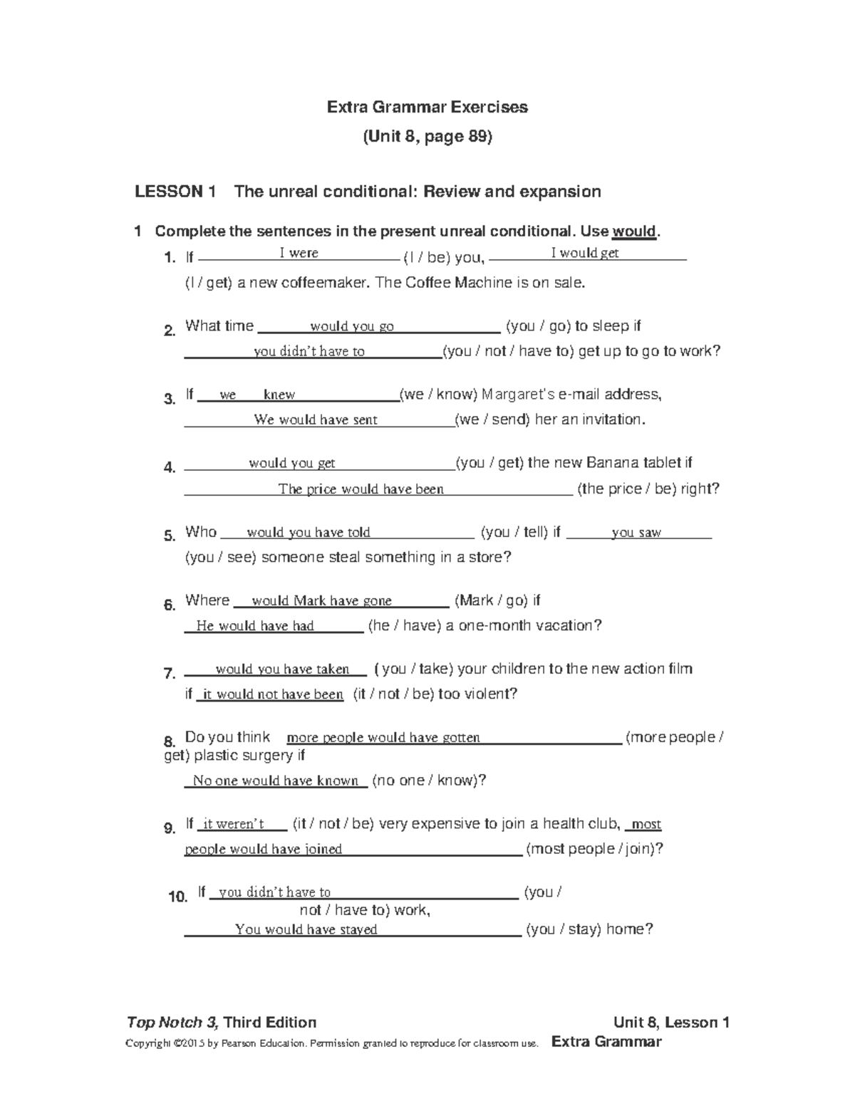 Extra Grammar Exercises Unit 8 Page 89 Top Notch 3 Third Edition Top Extra Grammar Exercises Unit 8 Page 89 Top Notch 3 Third Edition Top