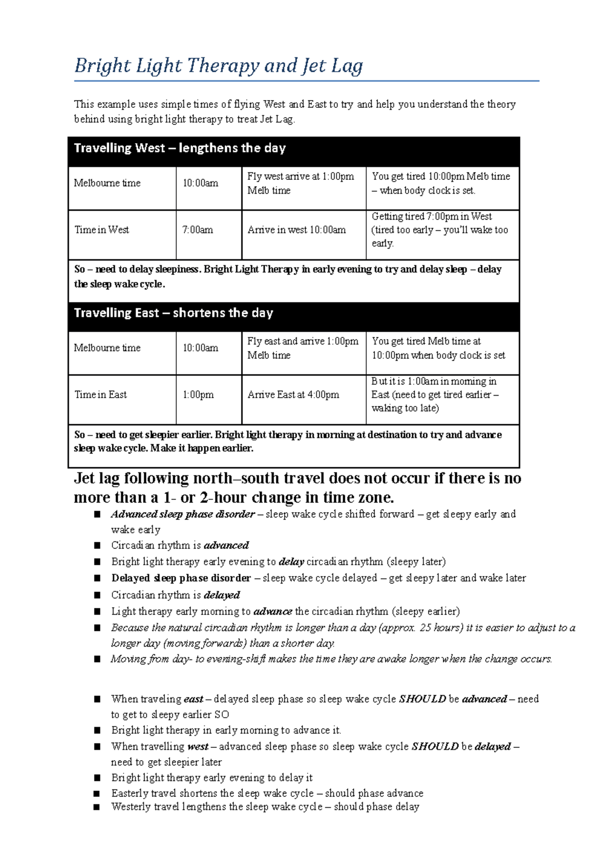 Bright Light Therapy and Jet Lag Travelling West lengthens the day