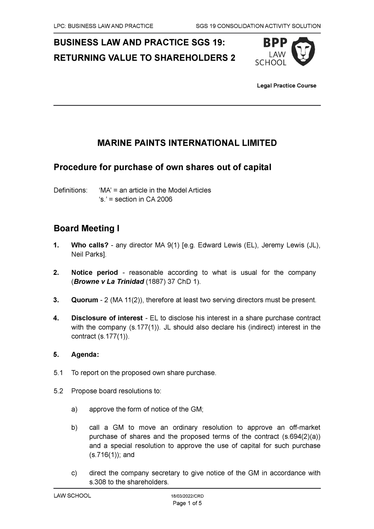 BLP SGS 19 Procedure plan for Consolidation Act 2021-22 - LPC: BUSINESS LAW  AND PRACTICE SGS 19 - Sns-Brigh10