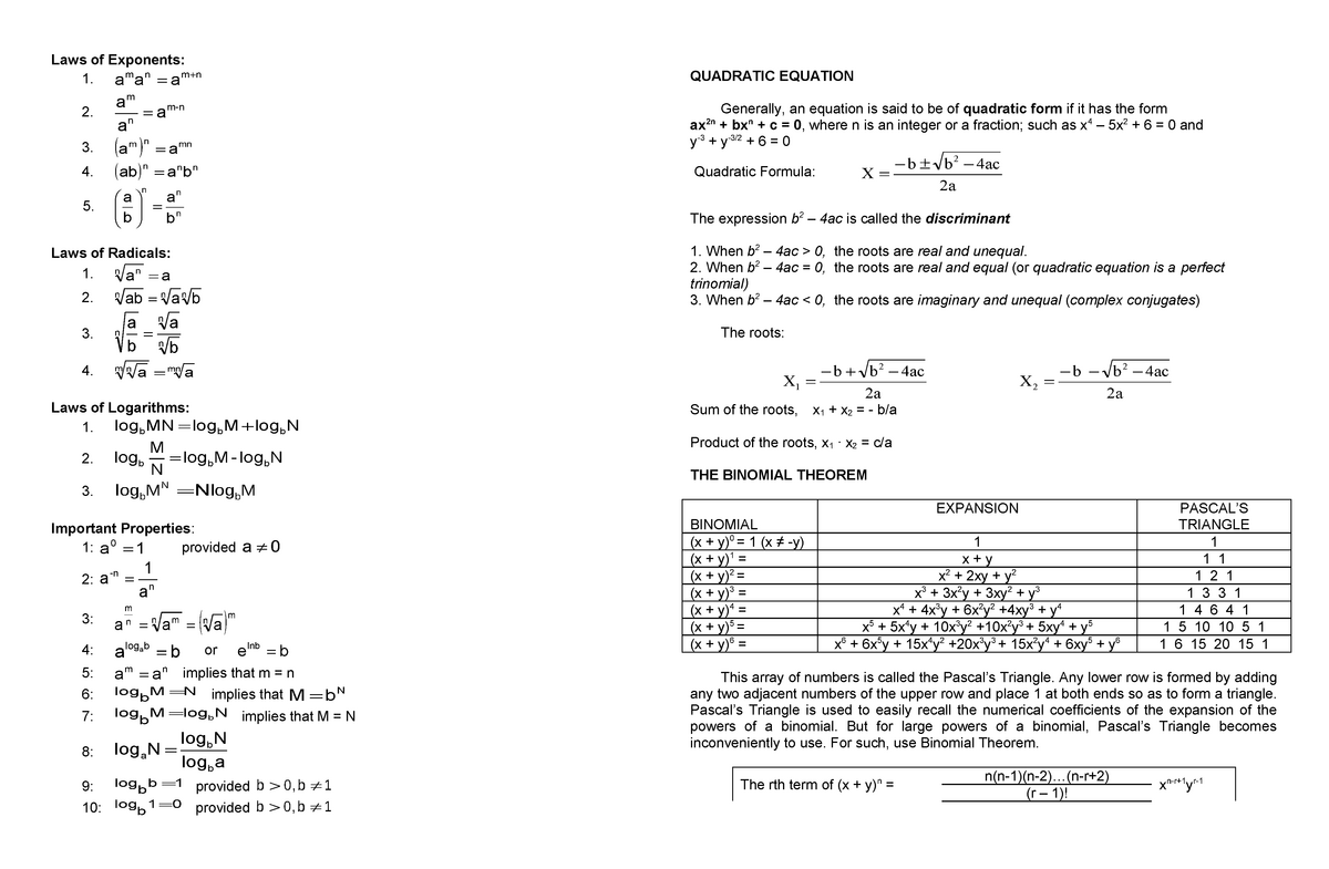 MATHEMATICS PREBOARD - Laws of Exponents: 1. aman=a +nm n nm- m a a a