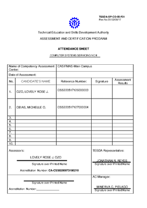 Sample Rating Sheets 1 in Conducting Competency Assessment - TESDA-OP ...