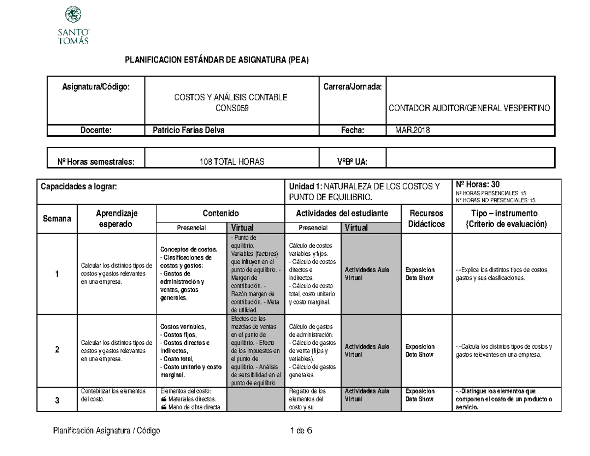 Planificacion Contabilidad De Costos Planificacion Est Ndar De Asignatura Pea Studocu